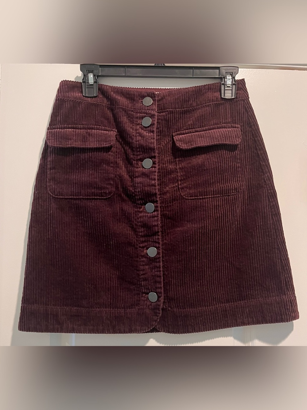 LOFT Mini Corduroy Button-Front Skirt in Deep Burgundy - Picture 1 of 3